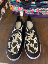 Load image into Gallery viewer, Black with cow print slip on shoes
