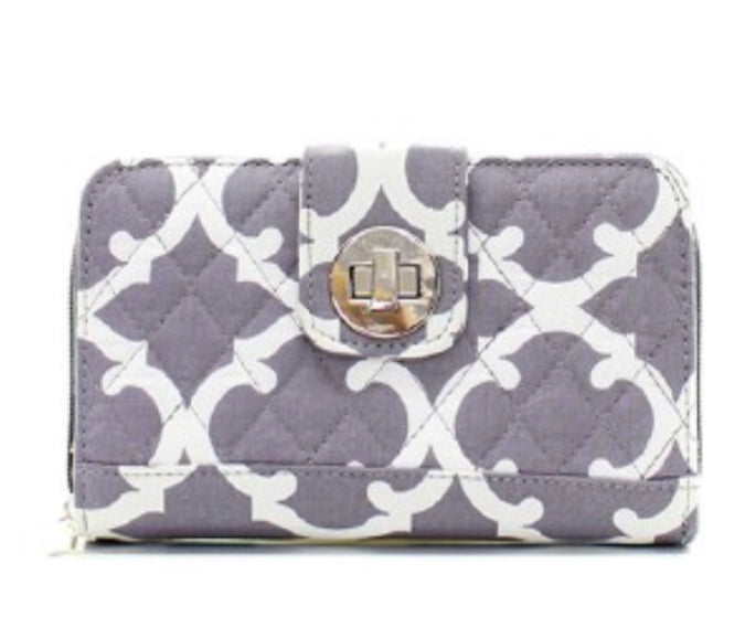 grey and white long wallet