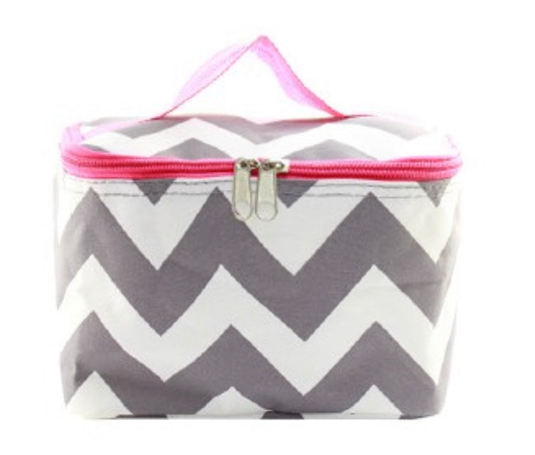 grey, white, and pink chevron cosmetic