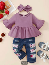 Load image into Gallery viewer, Purple floral pants set with head ban (kids set)
