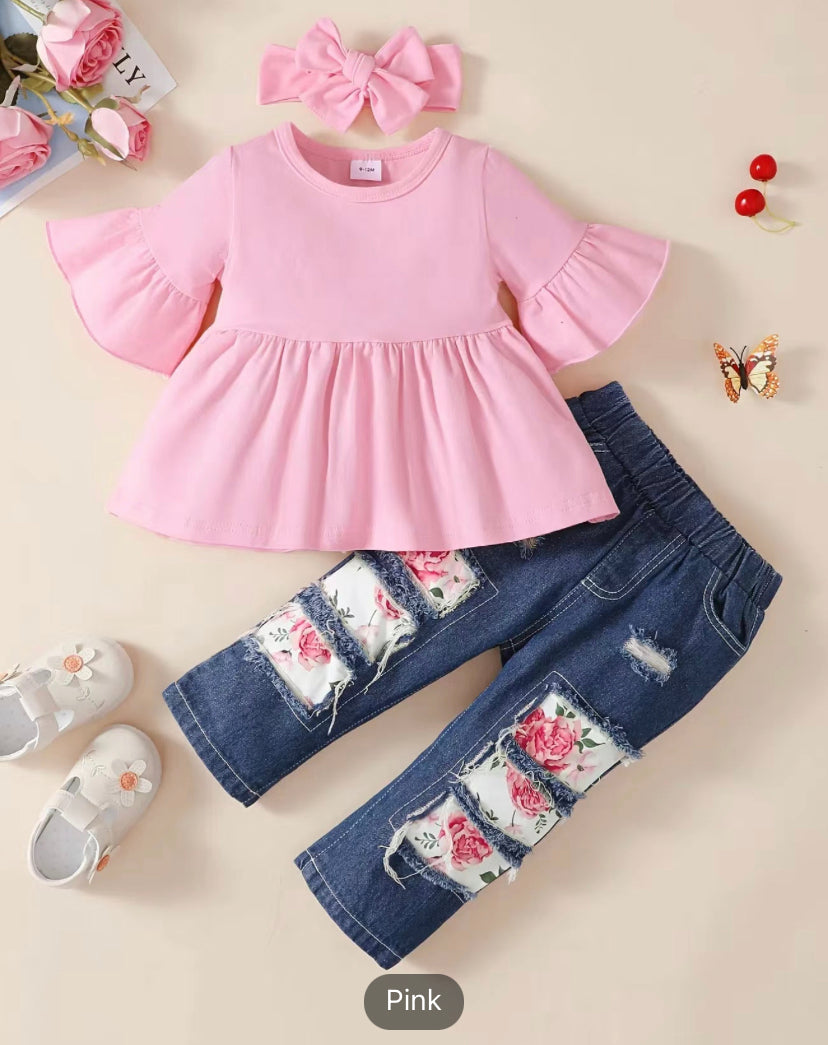 Pink with flowers and denim pants (kid cloths)