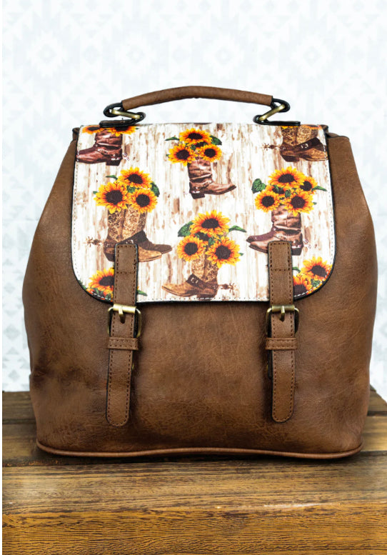 cowboy boot and sunflower faux backpack