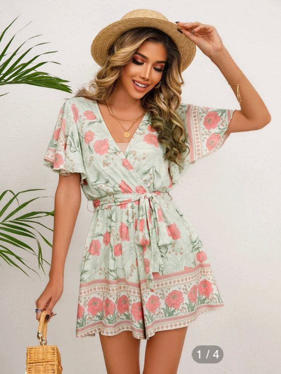 Green and pink Floral Romper