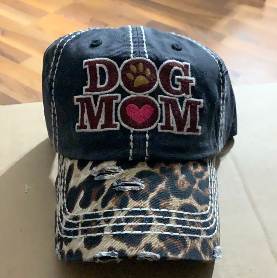Dog mom with leopard print baseball hat