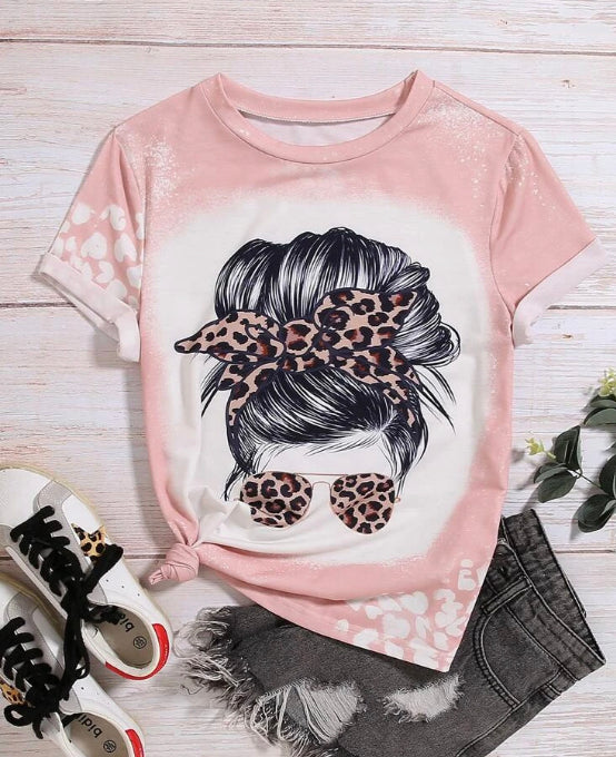 Pink leopard Bun hair  bleach t-shirt