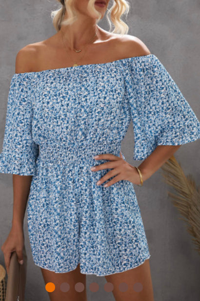 Blue and. White off the shoulder Romper