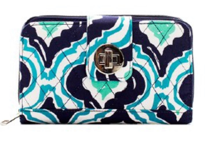 teal, navy, and white long wallet