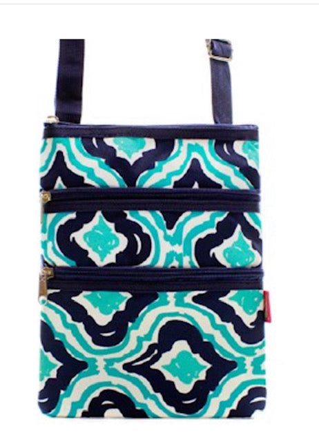 teal, navy, and white cross body  bag